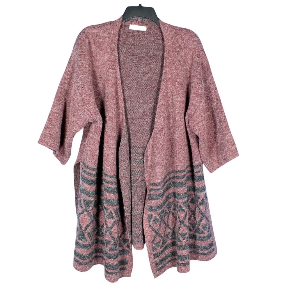 SIMPLY COUTURE Burgundy THICK SOFT Tribal Print OPEN KIMONO Sweater Cardigan M